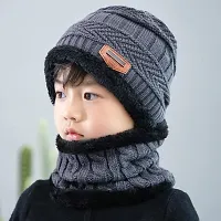 Trickey Shopper 1 Set Kids Grey Color Winter Cap and Scarf for Boy's & Girl's - Imported Soft Warm Snow and Air Proof Fleece Knitted Cap (Inside Fur) Woolen Beanie Winter Cap with Scarf Grey Color-thumb2