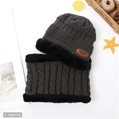 Trickey Shopper 1 Set Kids Grey Color Winter Cap and Scarf for Boy's & Girl's - Imported Soft Warm Snow and Air Proof Fleece Knitted Cap (Inside Fur) Woolen Beanie Winter Cap with Scarf Grey Color-thumb4