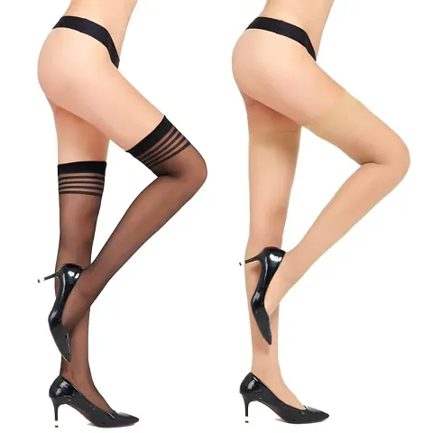 New Variety Store? Thigh-High Soft Nylon Sheer Transparent Long Stockings for Women & Girls Beige & Black Color