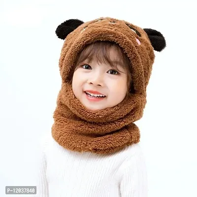 Tricky Shopper? Cute Panda Cartoon Monkey Cap for Girls and Boys (Pack of 1) | Age - 6 Years to 12 Years |Free Size | Plush Wool | Winter Cap | Neck Scarf (Brown Color)-thumb0