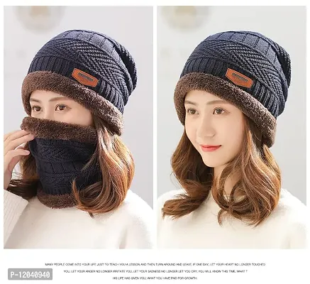 Tricky Shopper? Autumn and Winter Wool Hats/Cap Set for Men and Women Two-Piece Knitted Hats Scarf Plus Fleece Wool Hats Ear Protection Hats Blue Color-thumb3