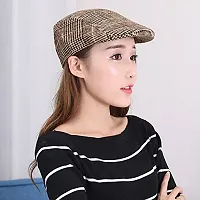 New Variety Store? Women Autumn and Winter Plaid Cap Brushed Checkered Fabric Warm Beret Couple hat, Winter hat, Flat Glof Cap with Ear Flap, Newboys Cap Brown Color-thumb1