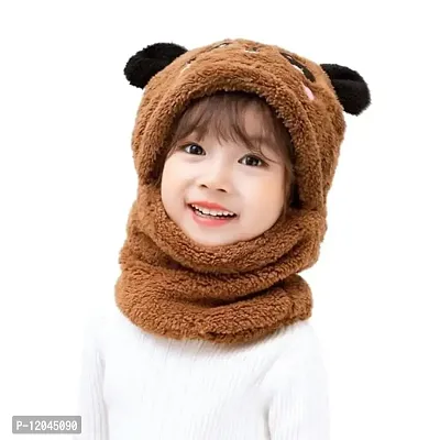 Tricky Shopper? Cute Panda Cartoon Monkey Cap for Girls and Boys (Pack of 1) | Age - 6 Years to 12 Years |Free Size | Plush Wool | Winter Cap | Neck Scarf (Brown Color)