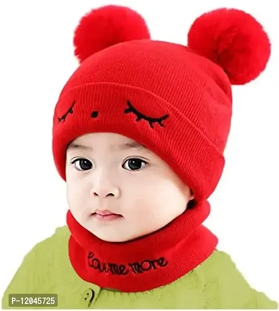 New Variety Store? Winter Knit Hat Eye Look Scarf Set Toddler Girls I Boys Woolen Soft Wool Acrylic Lycra Pom Pom Beanie Cap Neck Warmer Red (12-18 Month)-thumb0