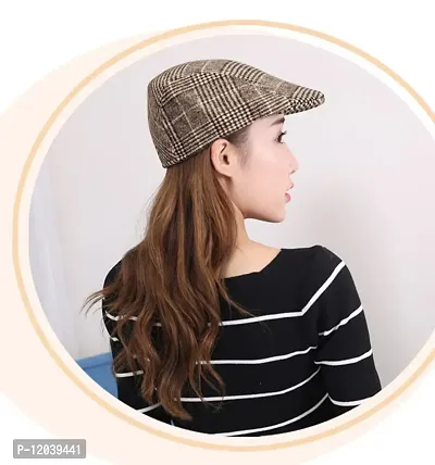 New Variety Store? Women Autumn and Winter Plaid Cap Brushed Checkered Fabric Warm Beret Couple hat, Winter hat, Flat Glof Cap with Ear Flap, Newboys Cap Brown Color-thumb3