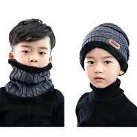 Trickey Shopper 1 Set Kids Grey Color Winter Cap and Scarf for Boy's & Girl's - Imported Soft Warm Snow and Air Proof Fleece Knitted Cap (Inside Fur) Woolen Beanie Winter Cap with Scarf Grey Color-thumb1