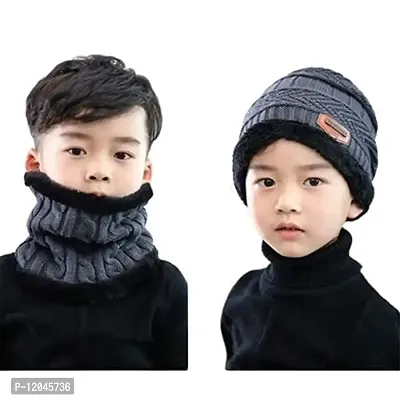 Trickey Shopper 1 Set Kids Grey Color Winter Cap and Scarf for Boy's & Girl's - Imported Soft Warm Snow and Air Proof Fleece Knitted Cap (Inside Fur) Woolen Beanie Winter Cap with Scarf Grey Color-thumb2