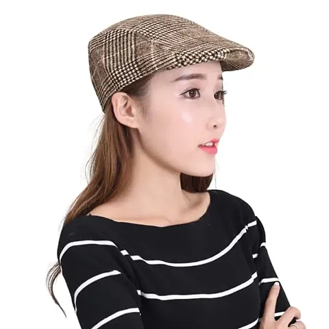 Dressify? Women Autumn and Winter Plaid Cap Brushed Checkered Fabric Warm Beret Couple hat, Winter hat, Flat Glof Cap with Ear Flap, Newboys Cap Color