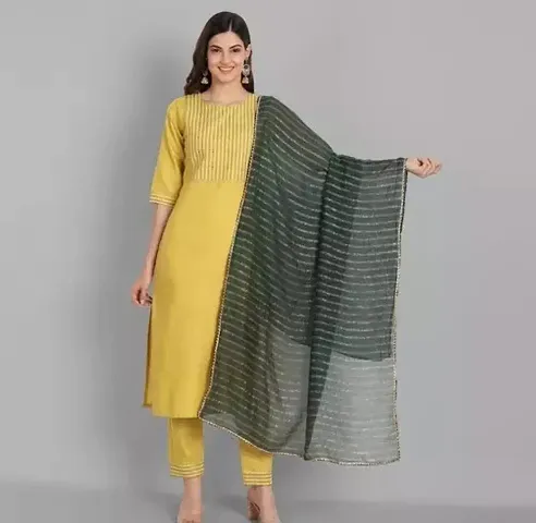 Stylish Cotton Straight Kurta, Bottom And Dupatta Set