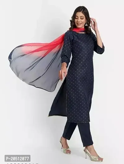 Stylish Cotton Blend Straight Kurta, Bottom and Dupatta Set For Women-thumb0