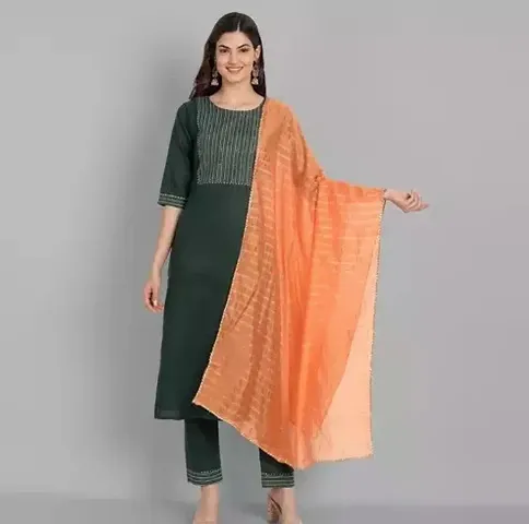 Stylish Nylon Straight Kurta, Bottom and Dupatta Set For Women