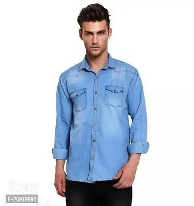 Reliable Sky Blue Denim Solid Long Sleeves Casual Shirts For Men