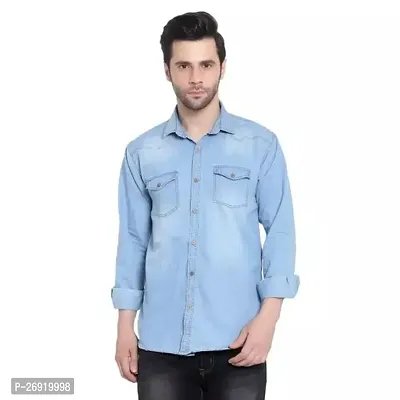 Reliable Sky Blue Denim Solid Long Sleeves Casual Shirts For Men-thumb0