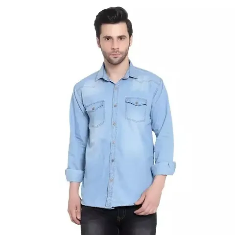 Reliable Sky Blue Denim Solid Long Sleeves Casual Shirts For Men