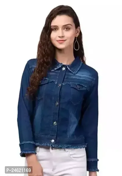 Stylish Blue Solid Denim Jacket For Women-thumb0