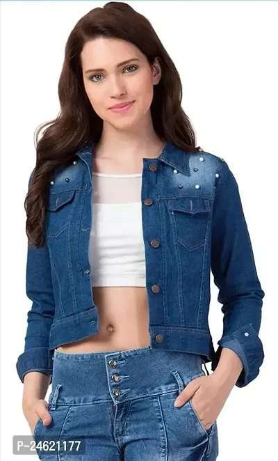 Stylish Blue Solid Denim Jacket For Women-thumb0