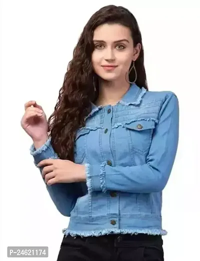 Stylish Blue Solid Denim Jacket For Women-thumb0