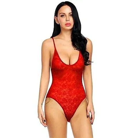 AM7 Women Lace Bodysuit One Piece Lace and Sheer Babydoll Backless Lingerie Free Size | (Red)