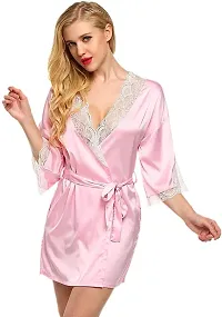 Women baby doll Satin and Lace Nightwear Robe V-Neck Night wear design dress (pink)-thumb3