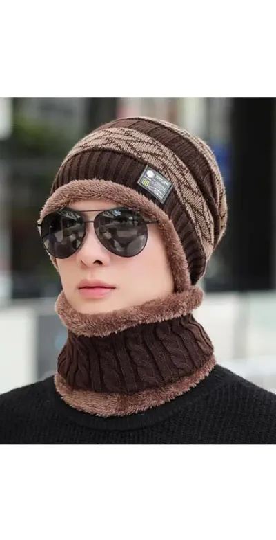 Classy Woolen Solid Beanie Cap with Neck Warmer for Unisex