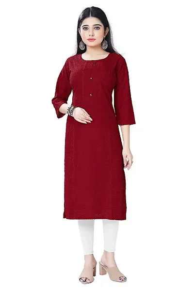 Womens Chikankari Rayon A-Line Kurta | Designer 3/4th Sleeves, Round Neck Kurti for Ladies Girls