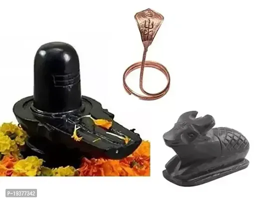 Black Shivlingam With shiv Stone Nandi Bell For Pooja With Lord Shiva Copper Nag / Naag Shivling Snake Pooja Set of 3