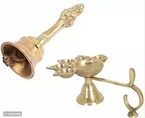 Combo Of 5 Face Puja Camphor Burner Lamp Panch Aarti Jyoti With Brass Nagpari Head Pooja  Puja Bell Ghanti Brass Brass Pooja Bell (Gold)