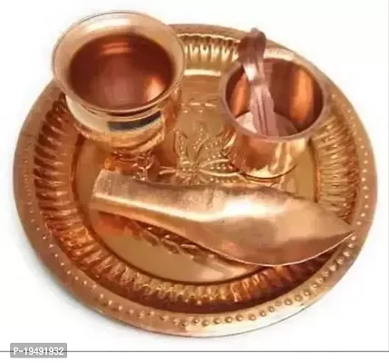 COPPER PLATE WITH COPPER LOTA ,PANCHPATRA AACHMANI AARGHA 5 PIECE COMBO OF POOJA