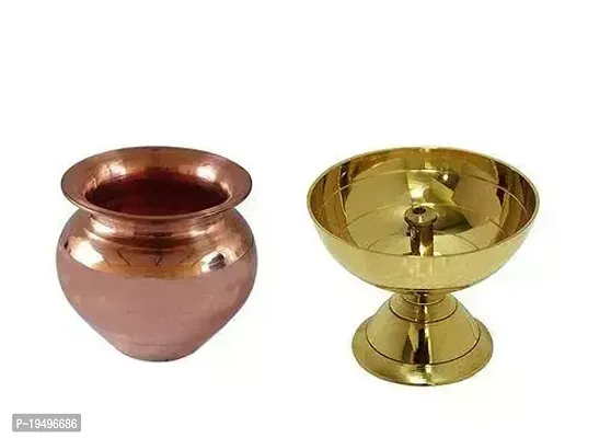 2 Pcs Classic Round Paro Pyali Diya with Copper (2 No) Kalash Lota for Festival Puja for Worship/Spirtual/Religion Table
