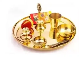 Pure Brass Special Beautiful Puja Thali Set of 9 Items, for Diwali Poojan/Pooja Room/Diwali Gifting Brass (Gold)-thumb1