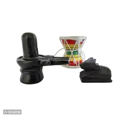 Black Stone Marble Shiva Lingam Murti Idol Figurine with Nandi Bull Statue and Musical Handmade Damru-thumb0