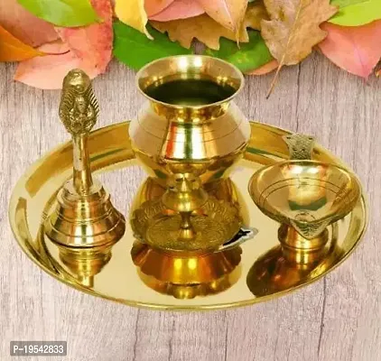 Pure Brass Set 5 Piece Pooja Plate , Ghanti , Diya (Deepak) , Lota , Agarbati Stand Home Decoration-thumb0