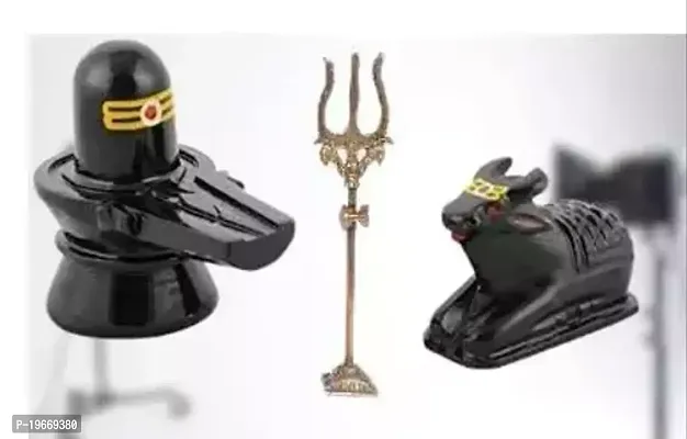 Marble Stone Shivling Nandi with Brass Shiv Trishul for Temple Decorative Showpiece - 7.5cm Stone Black-thumb0