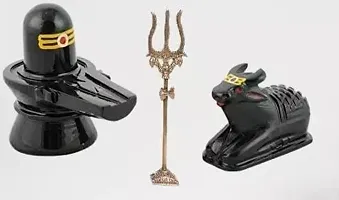 Marble Stone Shivling Nandi with Brass Shiv Trishul for Temple Decorative Showpiece - 7.5cm Stone Black-thumb1