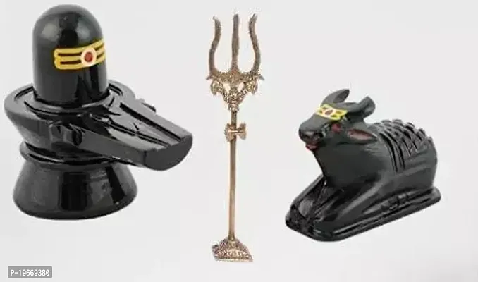 Marble Stone Shivling Nandi with Brass Shiv Trishul for Temple Decorative Showpiece - 7.5cm Stone Black-thumb2