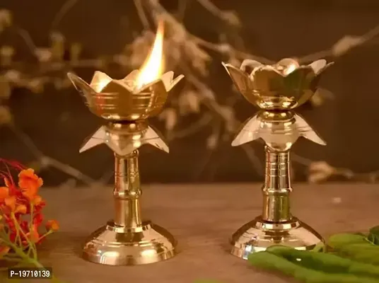 Brass Original Traditional Kamal Diya with Stand Oil Diwali Puja Lamp Kuthuvilakku Golden Lamp  Brass oil lamp  Pack of 2-thumb0