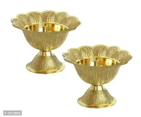 Brass Traditional Design Lotus Akhand Diya Oil Lamp for Home Pooja and Decoration Size- 5 cm Height Pack of 2 Gold