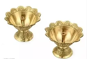 Brass Traditional Design Lotus Akhand Diya Oil Lamp for Home Pooja and Decoration Size- 5 cm Height Pack of 2 Gold-thumb1