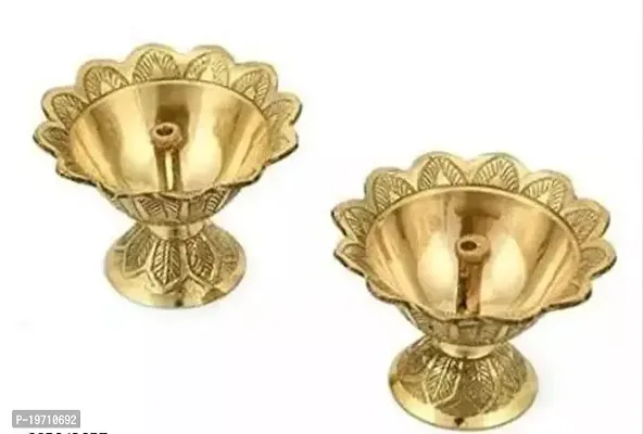 Brass Traditional Design Lotus Akhand Diya Oil Lamp for Home Pooja and Decoration Size- 5 cm Height Pack of 2 Gold-thumb2