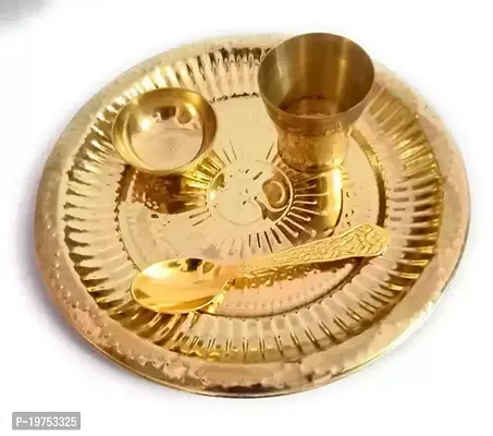Laddu Gopal ji ke Bartan Small- 4 pcs Set - Brass Bhog Thali with Glass Bowl and Spoon Puja Articles