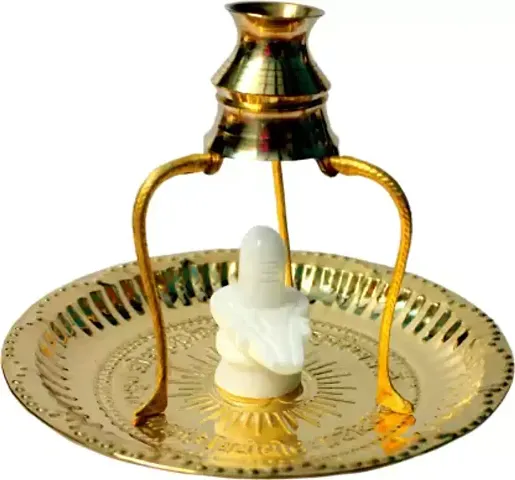 BANSIGOODS White Shivling Shiva Ling/Shivling with Brass Plate, Kalash with Stand (1 Pieces, Gold)