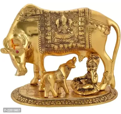Gold Plated Hindu Religious Laxmi Ganesh Kamdhenu Cow with Calf and LAddu Gopal (18 cm, Silver) Exclusive Gift Items for Diwali Gift, Wedding Gift and Corporate Gift Decorative Showpiece - 18 cm  (Alu-thumb0