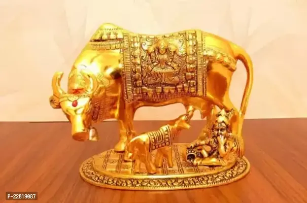 Gold Plated Hindu Religious Laxmi Ganesh Kamdhenu Cow with Calf and LAddu Gopal (18 cm, Silver) Exclusive Gift Items for Diwali Gift, Wedding Gift and Corporate Gift Decorative Showpiece - 18 cm  (Alu-thumb2