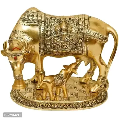 Metal Golden Kamdhenu Cow With Calf Statue,Cow and Calf Idol,Good Luck, Holy Spiritual Showpiece Figurine Sculpture Vastu Decorative-thumb0
