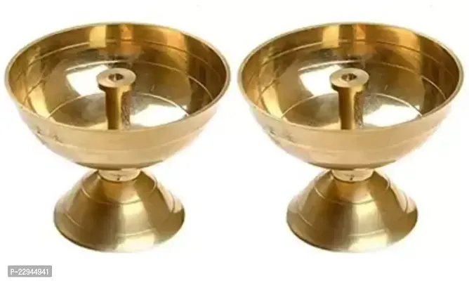 Brass Akhand Diya for Pooja and Diwali Decoration Set of 2 Brass (Pack of 2) Table Diya Set  (Height: 2.3 inch)-thumb0