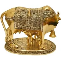 Golden Kamdhenu Cow With Calf Statue,Cow and Calf Idol,Good Luck, Holy Spiritual Showpiece Figurine Sculpture Vastu Decorative Handmade-thumb1
