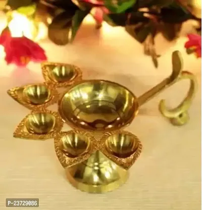 Panch Aarti Diya/Puja Burner/5 Face Oil Lotus Lamp Jyoti/for Diwali Pooja and Festival Decoration/for Home Brass (Pack of 3) Table Diya-thumb2