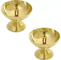 2 PCS WOODEN HANDLE DIYA Brass (Pack of 2) Table Diya Set  (Height: 2.2 inch)-thumb1