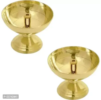 2 PCS WOODEN HANDLE DIYA Brass (Pack of 2) Table Diya Set  (Height: 2.2 inch)-thumb2