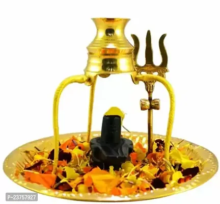 Marble Shaligram Shiva Ling Lingam Statue Brass Plate with Kalash Stand Brass (1 Pieces, Gold, Black) Aluminium  (Gold)-thumb3